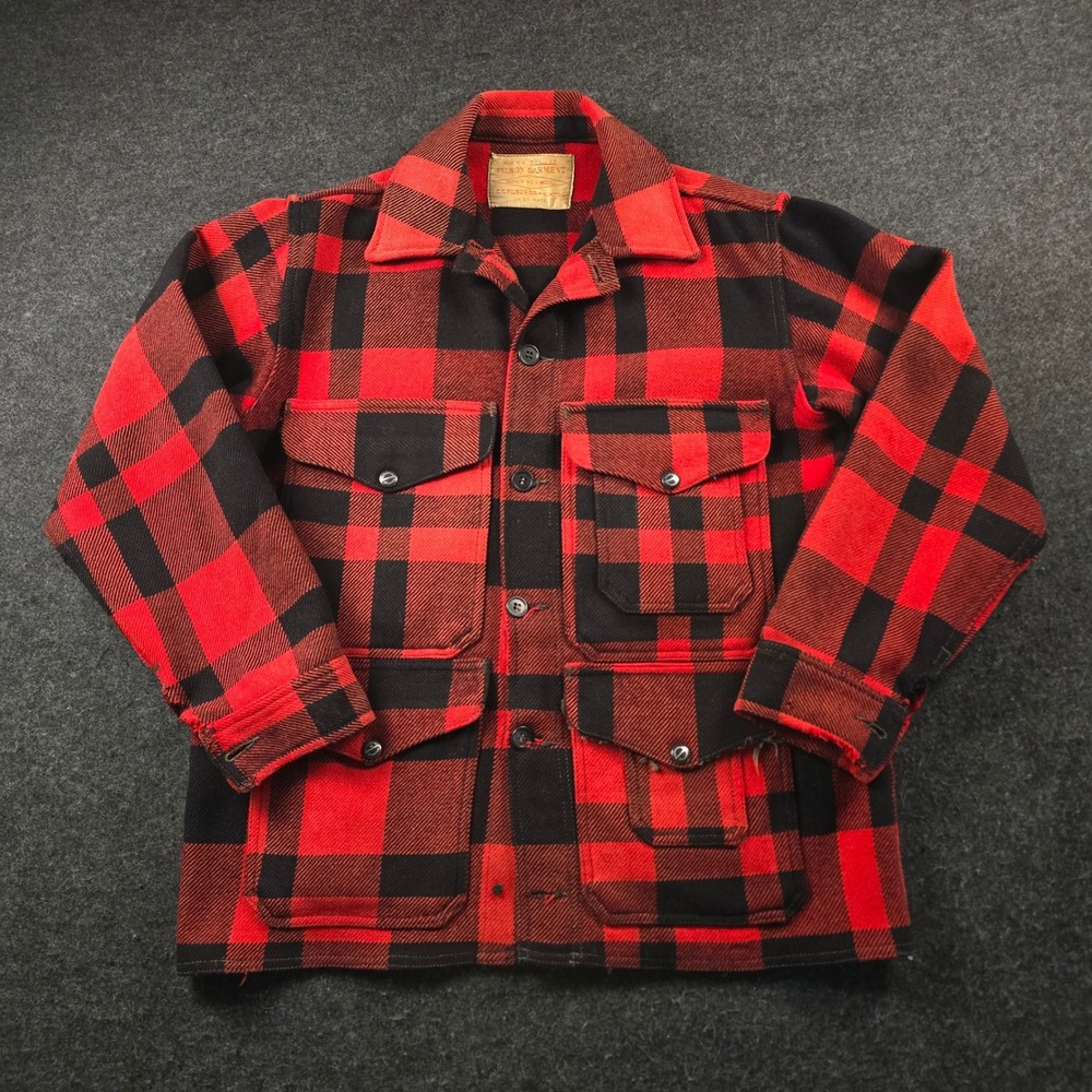 Vtg Filson Mackinaw Wool Cruiser Red Black Plaid UNION MADE USA 1940s-50s Mens M